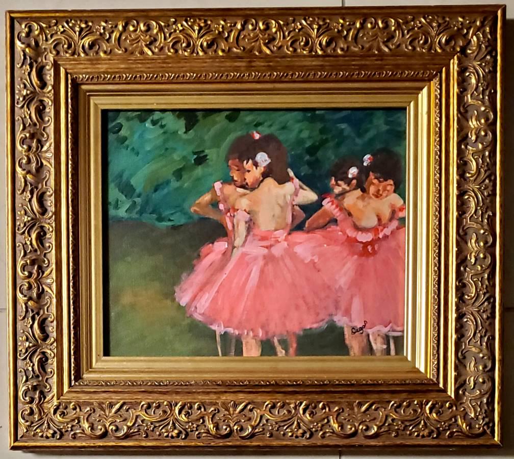 Edgar Degas Impressionist Ballerina Dancer Oil Canvas: FREE SHIPPING WORLDWIDE ON THIS AUCTION This lot consists of a hand painted oil on canvas over board in the style of Edgar Degas (1834-1917). Edgar Degas was born Hilaire-Germain-Edgar De Gas, was a F