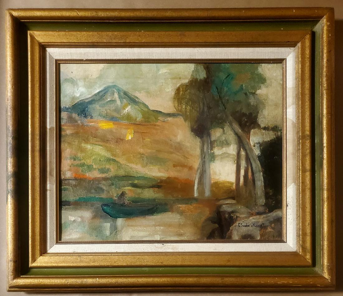 Claude Monet Landscape French Impressionism Oil Canvas: FREE SHIPPING WORLDWIDE ON THIS AUCTION This lot consists of hand painted impressionism oil on canvas in the style of Claude Monet. The lot depicts a masterpiece impressionist seascape boat landscape
