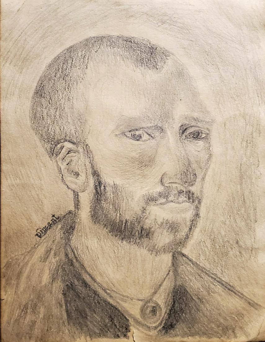 Vincent Van Gogh Drawing Graphite Self Portrait Dutch: FREE SHIPPING WORLDWIDE ON THIS AUCTION This lot consists of a hand drawn graphite on paper in the style of Vincent Van Gogh (self-portrait)(Dutch, 1853-1980). Vincent Willem van Gogh was a Dutch Post