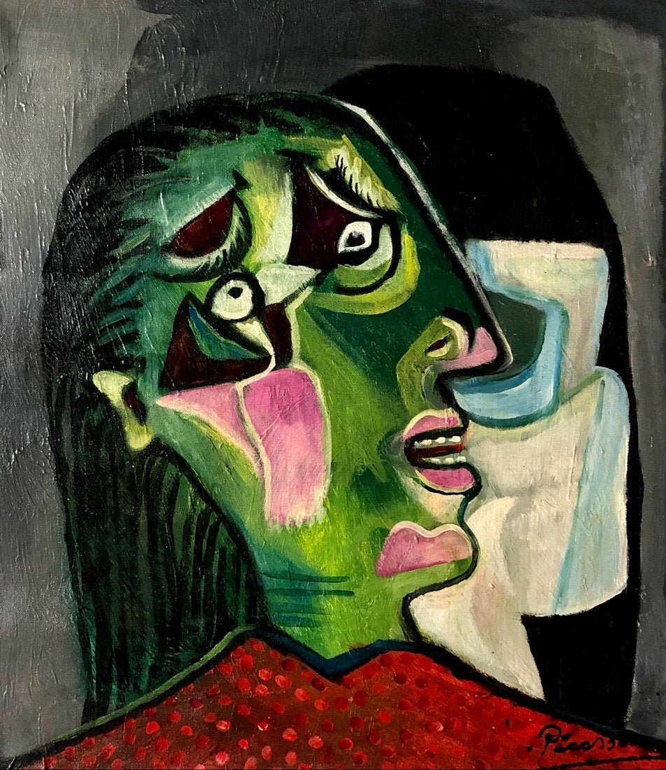 Pablo Picasso Oil on Canvas Cubist Female Abstract: FREE SHIPPING WORLDWIDE ON THIS AUCTION This lot consists of a hand painted oil on canvas in the style of Pablo Picasso. The illustration depicts a figure of a women in the famous cubism period. Pablo