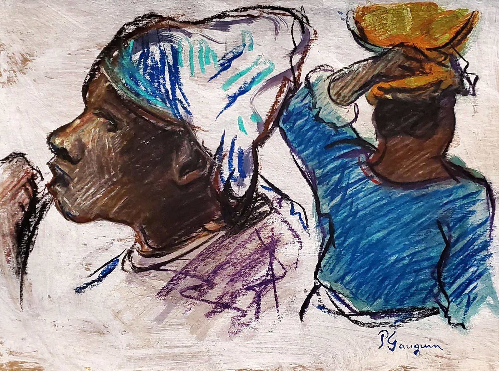 Paul Gauguin Women Worker Peasant French Impressionist: FREE SHIPPING WORLDWIDE ON THIS AUCTION This lot consists of a hand-painted mixed media on cardboard. It depicts a beautiful impressionist of two female portraits in Gauguin's distinct style. In the s