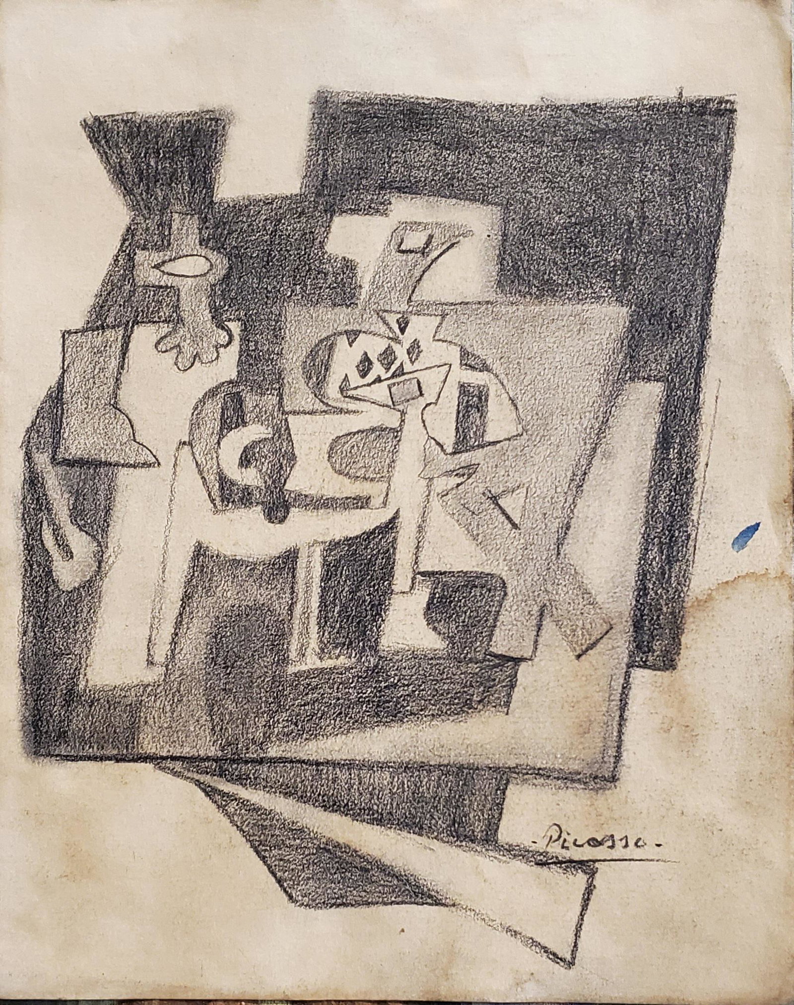 Pablo Picasso Cubist Drawing Abstract Studio Spanish: FREE SHIPPING WORLDWIDE ON THIS AUCTION This lot consists of a hand drawn graphite on hard paper in the style of Pablo Picasso. The illustration depicts an abstract figure in the famous cubism period.