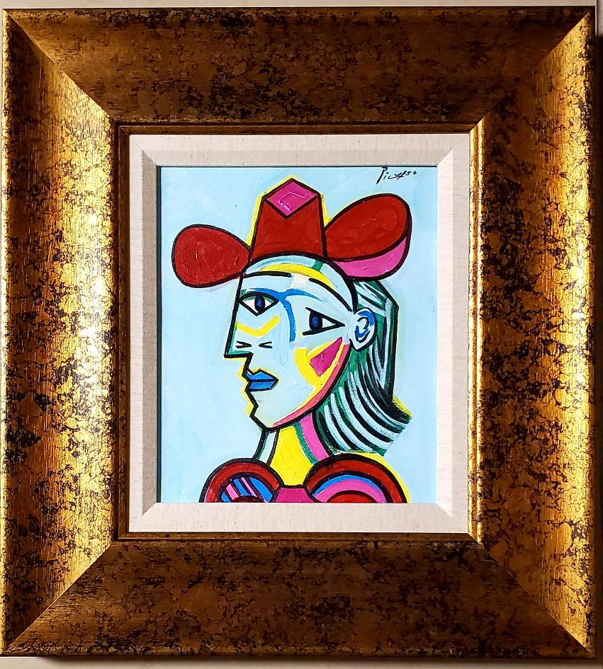 Pablo Picasso Cubist Female Women Oil Canvas Spanish: FREE SHIPPING WORLDWIDE ON THIS AUCTION This lot consists of a hand painted oil on canvas in the style of Pablo Picasso. The illustration depicts a figure of a women in the famous cubism period. Pablo