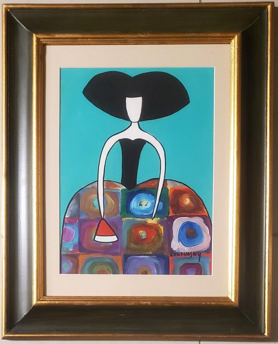 Wassily Kandinsky Russian French Portrait Female Art: FREE SHIPPING WORLDWIDE ON THIS AUCTION This lot consists of a hand painted mixed media on hard paper in the style of Wassily Kandinsky. The illustration depicts an abstract female portaitcolorful pai