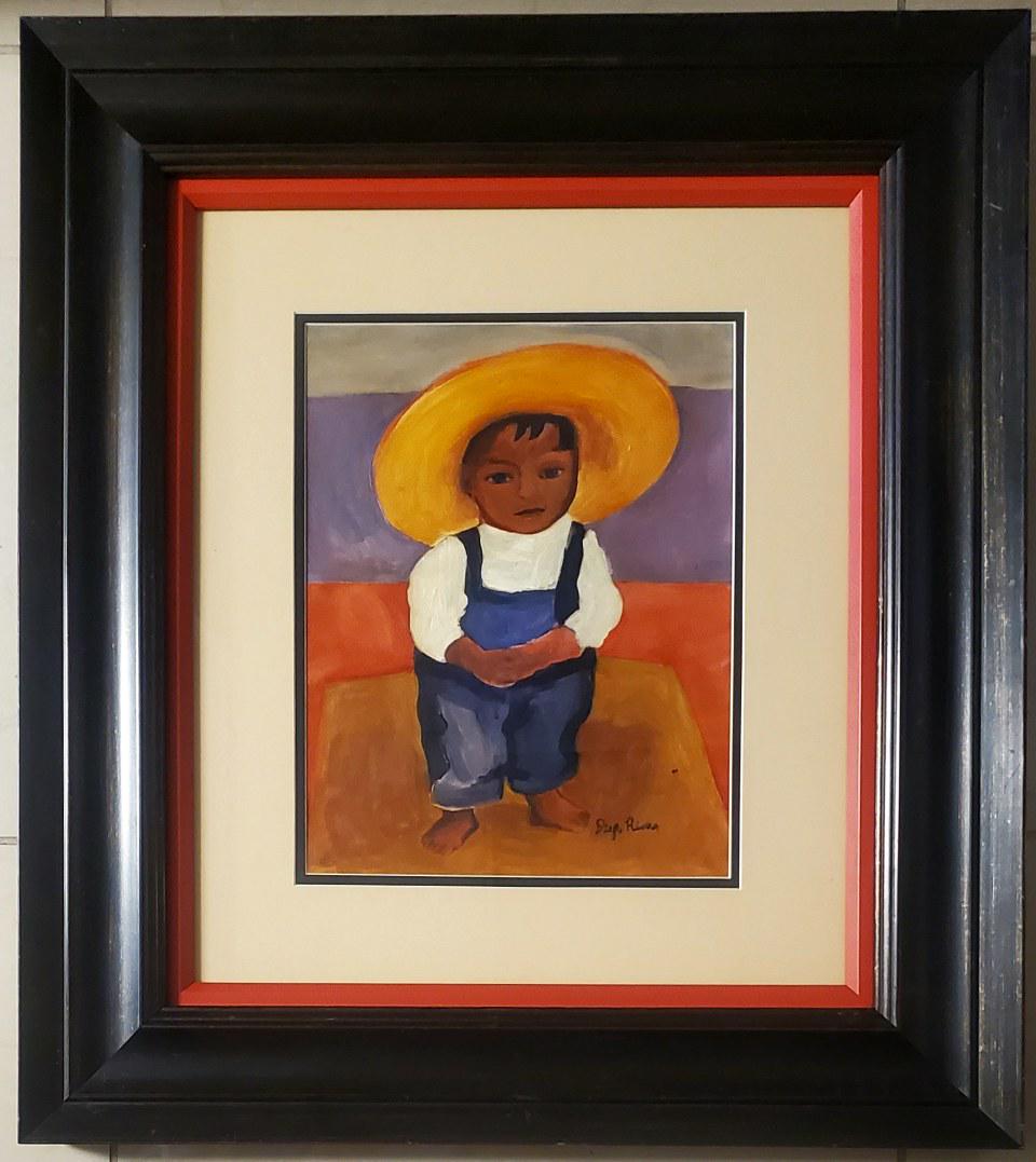 Diego Rivera Campesino Mexican Muralist Man Hat Boy: FREE SHIPPING WORLDWIDE ON THIS AUCTION This lot consists of a hand painted mixed media on paper in the style to Diego Maria de la Concepcion Juan Nepomuceno Estanislao de la Rivera y Barrientos Acost