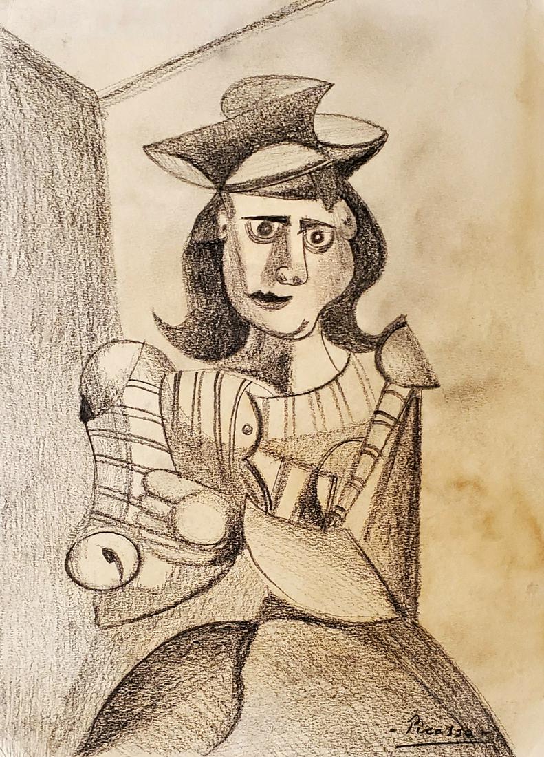 Pablo Picasso Drawing Cubist Female Women: FREE SHIPPING WORLDWIDE ON THIS AUCTION This lot consists of a hand drawn graphite on hard paper in the style of Pablo Picasso. The illustration depicts a figure of a women in the famous cubism period