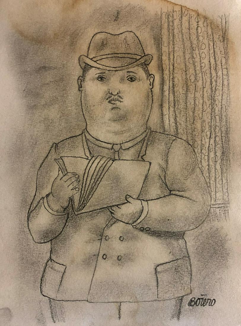 Fernando Botero Drawing Portrait Male Colombian Art: FREE SHIPPING WORLDWIDE ON THIS AUCTION This lot consists of a hand drawn graphite on paper in the style of Fernando Botero. The illustration depicts a Male portrait in the popular -boterismo- style w
