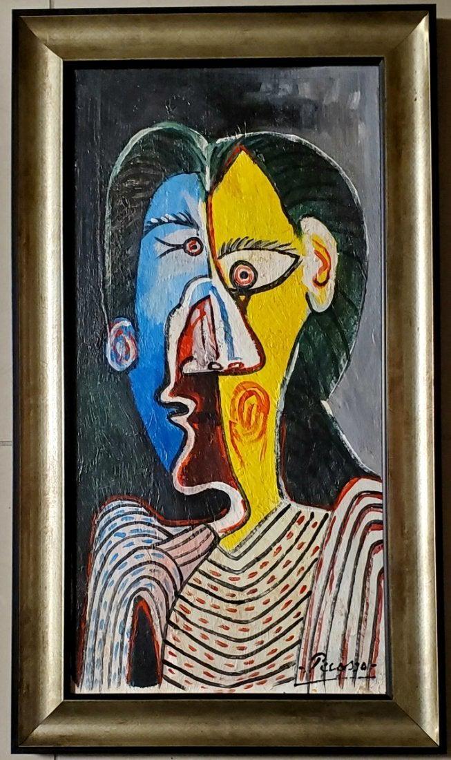 Pablo Picasso Cubist Women Portrait Spanish Painting: FREE SHIPPING WORLDWIDE ON THIS AUCTION This lot consists of a hand painted oil on canvas in the style of Pablo Picasso. The illustration depicts a figure of a women in the famous cubism period. Pablo