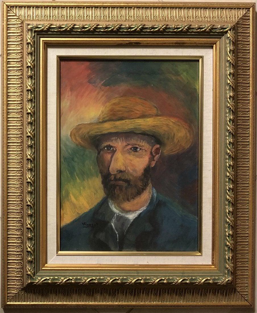 Vincent Van Gogh Painting Self Portrait Male Dutch Art: FREE SHIPPING WORLDWIDE ON THIS AUCTION This lot consists of a hand painted mixed media on hard paper portrait in the style of Vincent Van Gogh (self-portrait)(Dutch, 1853-1980). Vincent Willem van Go