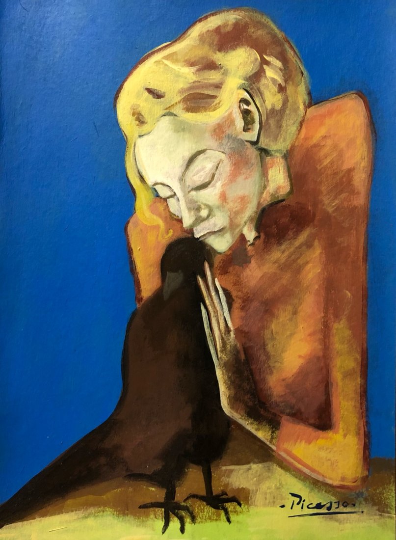 Pablo Picasso Female Paloma Spanish Oil on hard paper: FREE SHIPPING WORLDWIDE ON THIS AUCTION This lot consists of a hand painted oil on paperboard in the style of Pablo Picasso. The illustration depicts a figure of a women in the famous cubism period. P