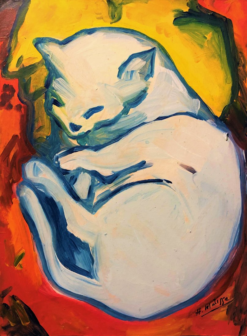 Henri Matisse French Painting Cat Oil Painting Art: FREE SHIPPING WORLDWIDE ON THIS AUCTION The lot consist of a hand drawn mixed media on hard paper cat in the style of Henri Matisse.Henri Matisse (French, 1869-1954) was a French artist, known for bot