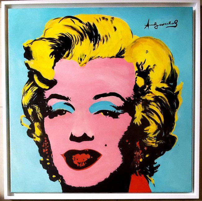 LARGE Andy Warhol Marylin Monroe Pop Canvas Portrait: This lot consists of a hand-painted mixed media on canvas pop portrait art with colorful vibrant colors. Painting is in the distinct style of Andy Warhol. Andrew was born Andrew Warhola; August 6, 192