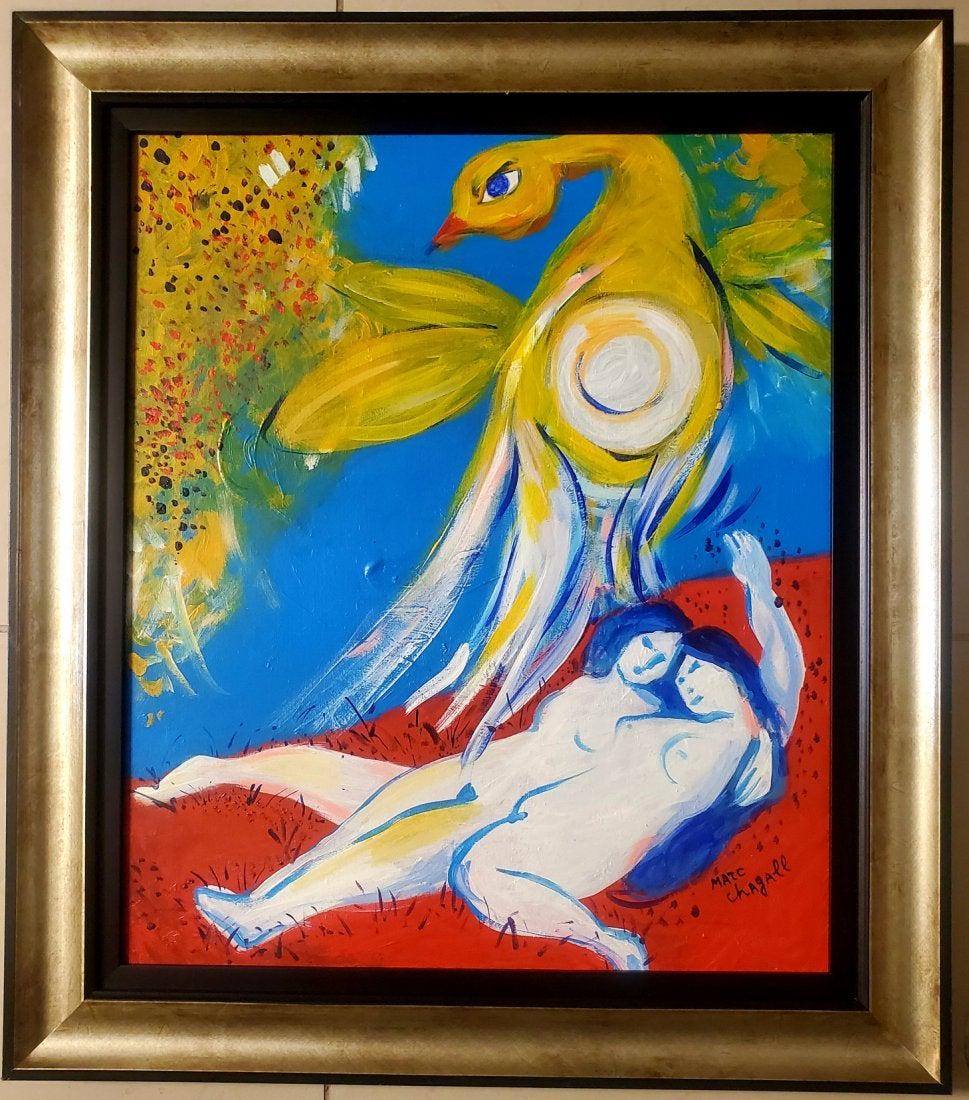 Marc Chagall Oil Canvas Russian French Love Couple Art: This lot consists of a hand painted oil on canvas in the style of Marc Chagall. Marc Zakharovich Chagall was a Russian-French artist of Belarusian Jewish origin. An early modernist, he was associated 