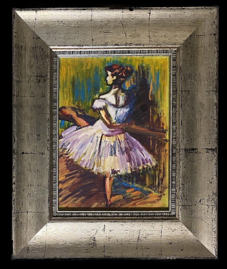 Edgar Degas Impressionist French Ballerina Dancer Women: This lot consists of a hand painted mixed media on paper in the style of Edgar Degas (1834-1917). Edgar Degas was born Hilaire-Germain-Edgar De Gas, was a French artist famous for his paintings, sculp
