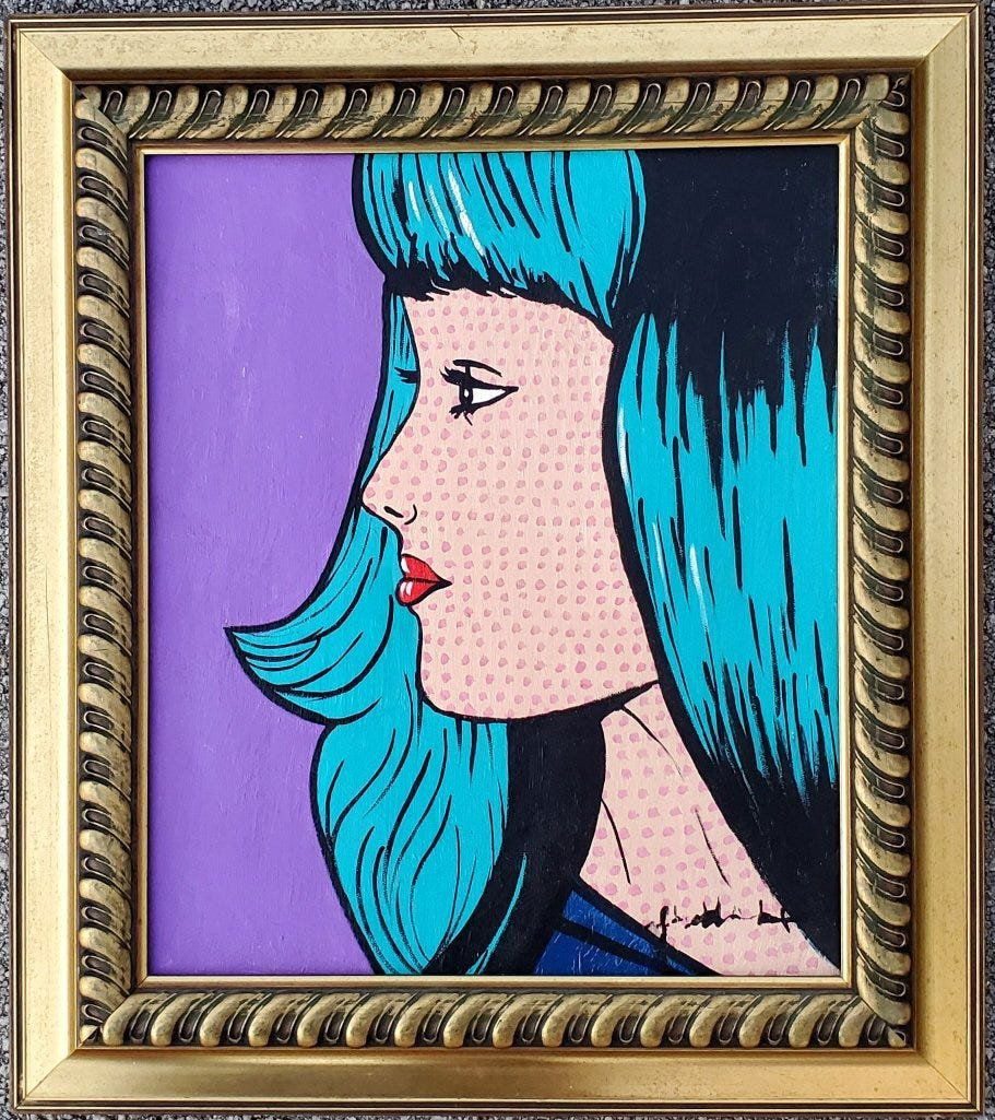 Roy Lichtenstein Pop Art Female Women Portrait NY: This lot consists of a hand painted oil on canvas pop art in the style of Roy Lichtenstein. Roy Fox Lichtenstein (October 27, 1923 - September 29, 1997) was an American pop artist. During the 1960s, a
