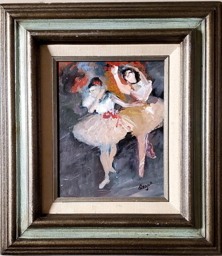 Edgar Degas Impressionist French Ballerina Dancer Women: This lot consists of a hand painted oil on canvas over board in the style of Edgar Degas (1834-1917). Edgar Degas was born Hilaire-Germain-Edgar De Gas, was a French artist famous for his paintings, s
