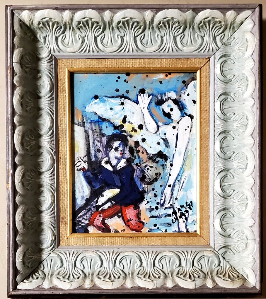 Marc Chagall Russian Oil Canvas Abstract Couple: This lot consists of a hand painted on canvas in the style of Marc Chagall. Marc Zakharovich Chagall was a Russian-French artist of Belarusian Jewish origin. An early modernist, he was associated with