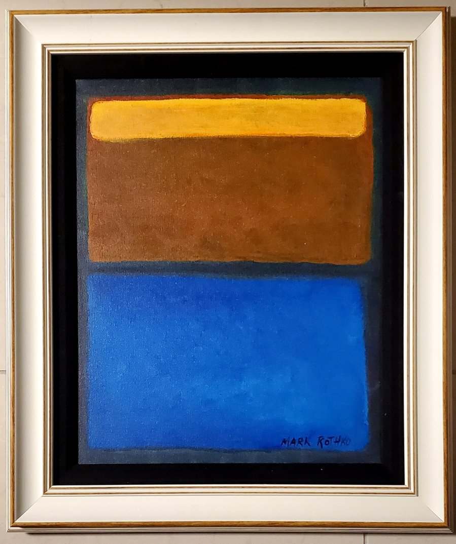 Mark Rothko Abstract Expressionism American Oil Canvas: This work consists of a hand painted oil on canvas illustration. Image depicts soft, rectangular forms floating on a stained field of color. This painting is done in the style of Mark Rothko(Russian A