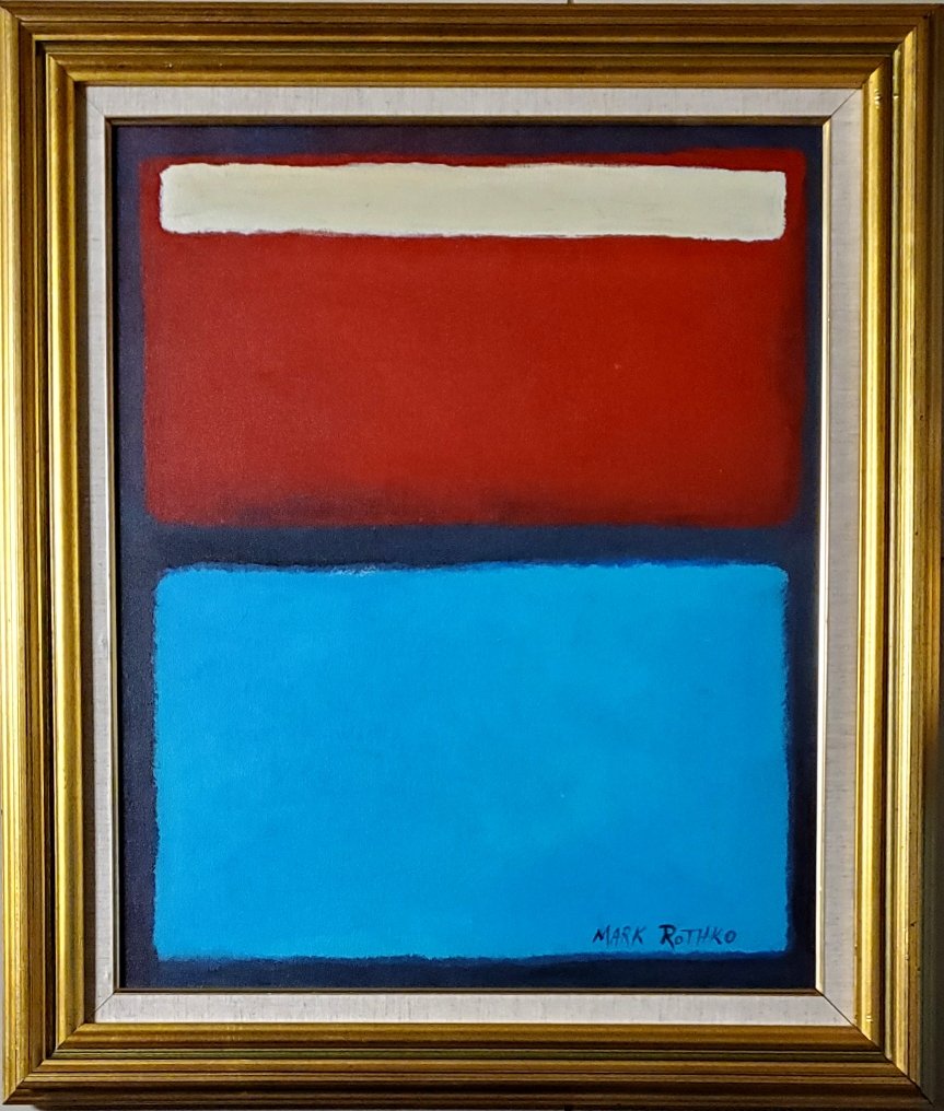 Mark Rothko Abstract Expressionism American Oil Canvas: This work consists of a hand painted oil on canvas illustration. Image depicts soft, rectangular forms floating on a stained field of color. This painting is done in the style of Mark Rothko(Russian A