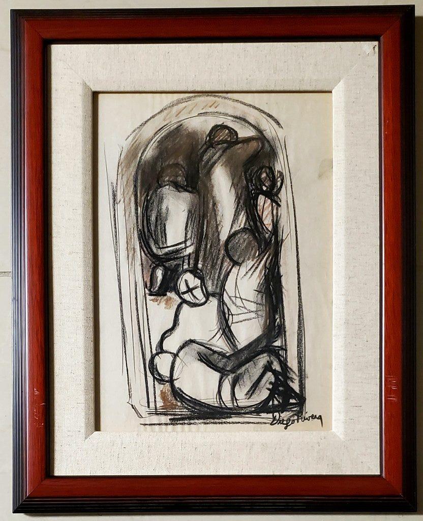 Diego Rivera Drawing Mexican Art Muralist Workers Male: This lot consists of a hand painted mixed media on paper in the style of Diego Maria de la Concepcion Juan Nepomuceno Estanislao de la Rivera y Barrientos Acosta y Rodriguez, known as Diego Rivera (Sp