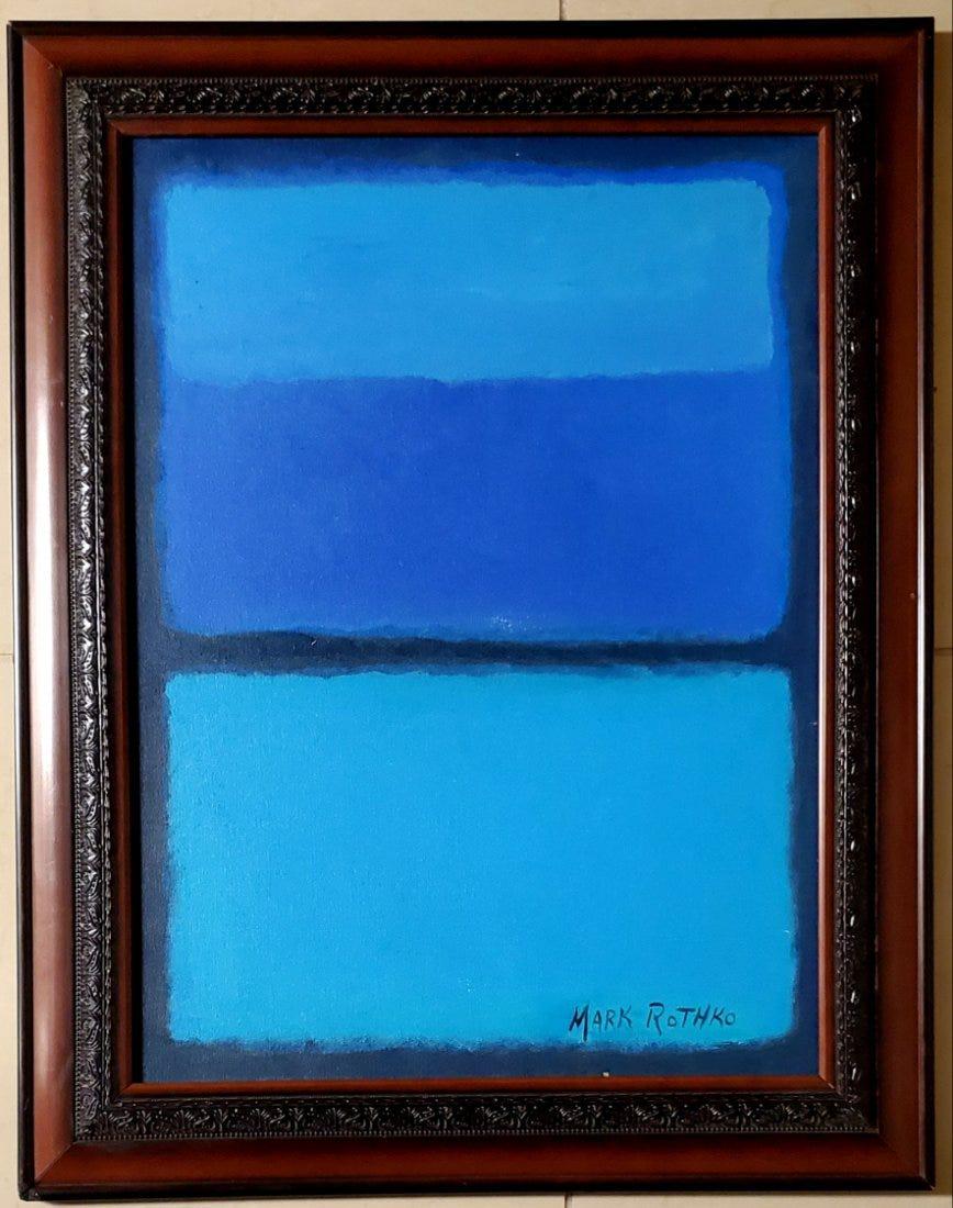 Mark Rothko Abstract Expressionist American Oil Canvas: This work consists of a hand painted oil on canvas illustration. Image depicts soft, rectangular forms floating on a stained field of color. This painting is done in the style of Mark Rothko(Russian A