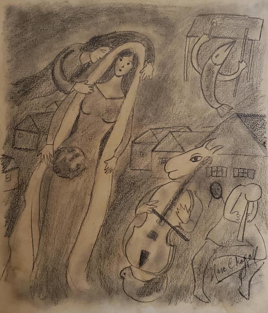 Marc Chagall Drawing Russian French Female Women Couple: This lot consists of a hand drawn graphite on cardboard in the style of Marc Chagall. Marc Zakharovich Chagall was a Russian-French artist of Belarusian Jewish origin. An early modernist, he was assoc