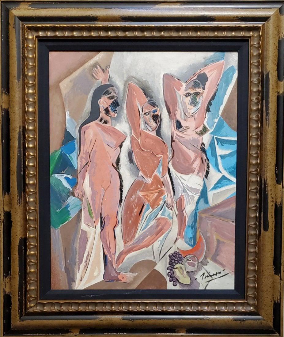 Pablo Picasso Cubist oil Spanish Female Women Abstract: This lot consists of a hand painted oil on masonite in the style of Pablo Picasso. The illustration depicts a figure of a women in the famous cubism period. Pablo Picasso (25 October 1881-8 April 1973