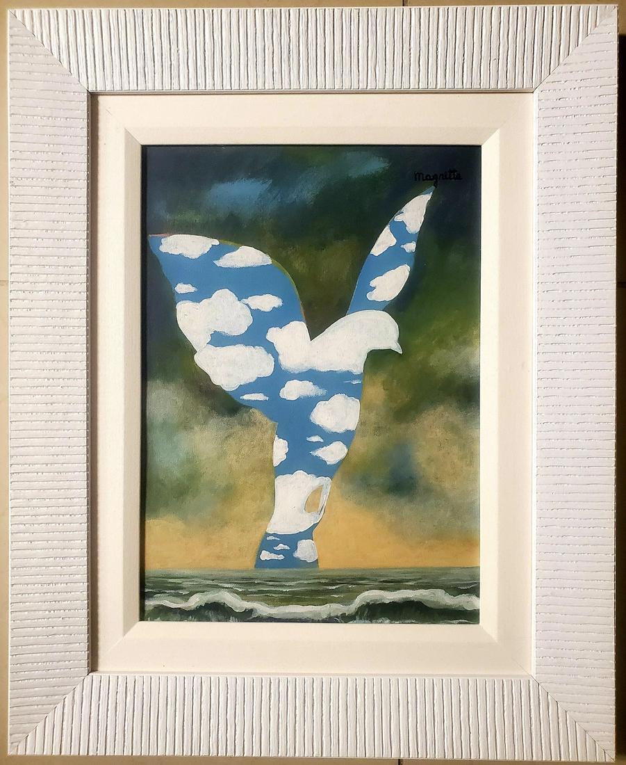 Rene Magritte Surrealist Landscape Oil Canvas: This lot consists of a hand painted oil on canvas surrealist landscape in the style of Rene Magritte. T Rene Franois Ghislain Magritte (21 November 1898 -15 August 1967) was a Belgian surrealist artis
