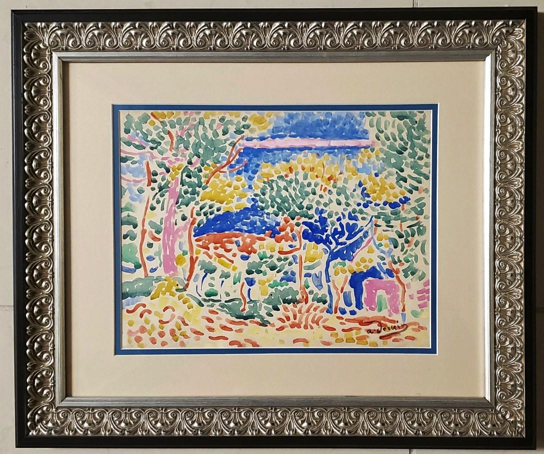 Andre Derain Colorful French Oil Landscape Fauvism: This lot consists of a hand painted mixed media on paper in the style of Andre Derain ; Andre Derain (10 June 1880 - 8 September 1954) was a French artist, painter, sculptor and co-founder of Fauvism
