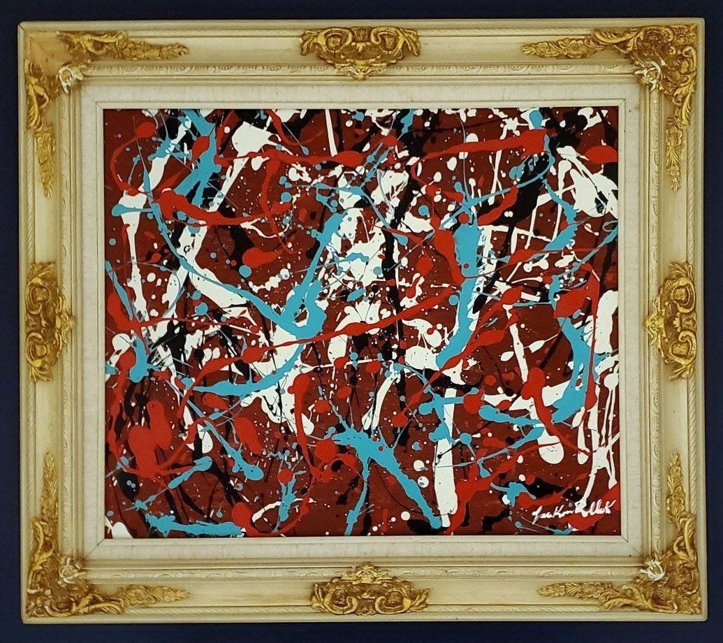 Jackson Pollock Abstract Expressionism Oil - Style of: This lot consists of hand painted oil on canvas. Done in the prevailing, abstract expressionist style of Jackson Pollock (American, 1912-1956). Paul Jackson Pollock was an American painter and a major
