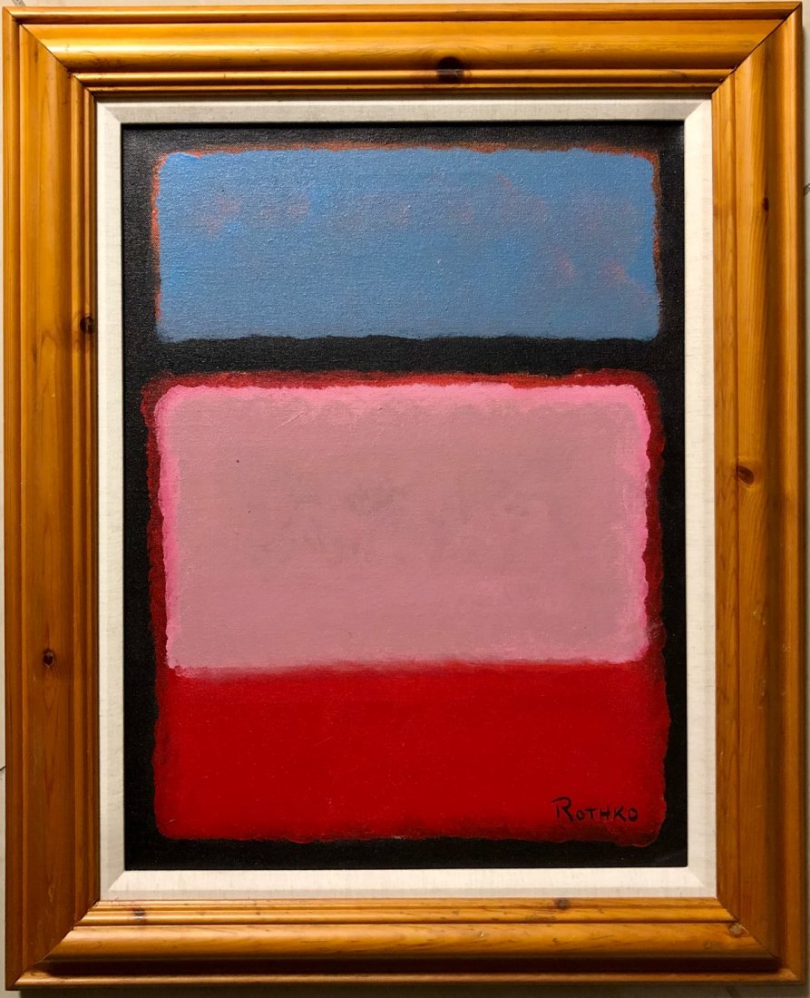 Mark Rothko American Abstract Expressionist Oil canvas: This work consists of a hand painted oil on canvas. Image depicts soft, rectangular forms floating on a stained field of color. This painting is done in the style of Mark Rothko(Russian American, 1844