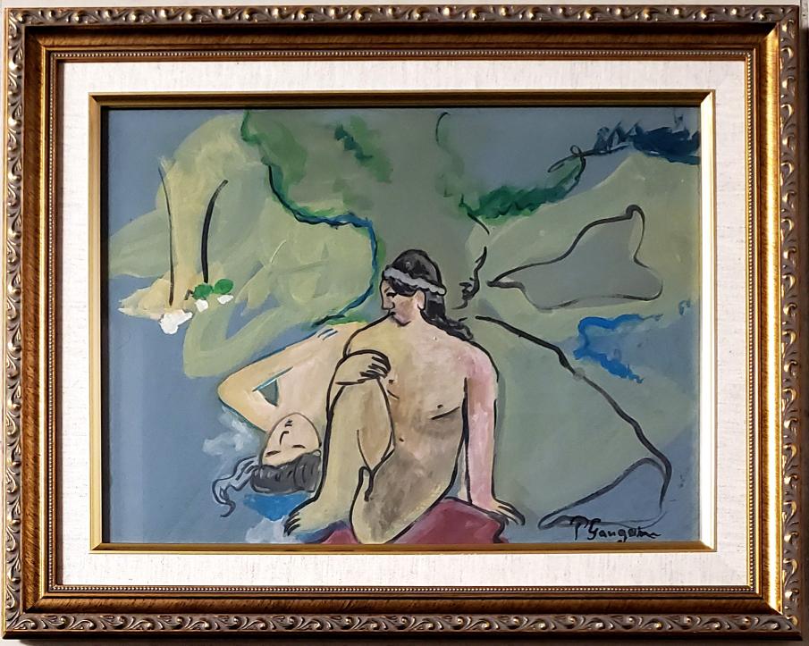 Paul Gauguin Landscape Female Couple Tahiti French Art: This lot consists of a hand-painted mixed media on paper. It depicts an impressionist studio in Gauguin's distinct style. In the style of: Henri Paul Gauguin (7 June 1848 - 8 May 1903) was a French po