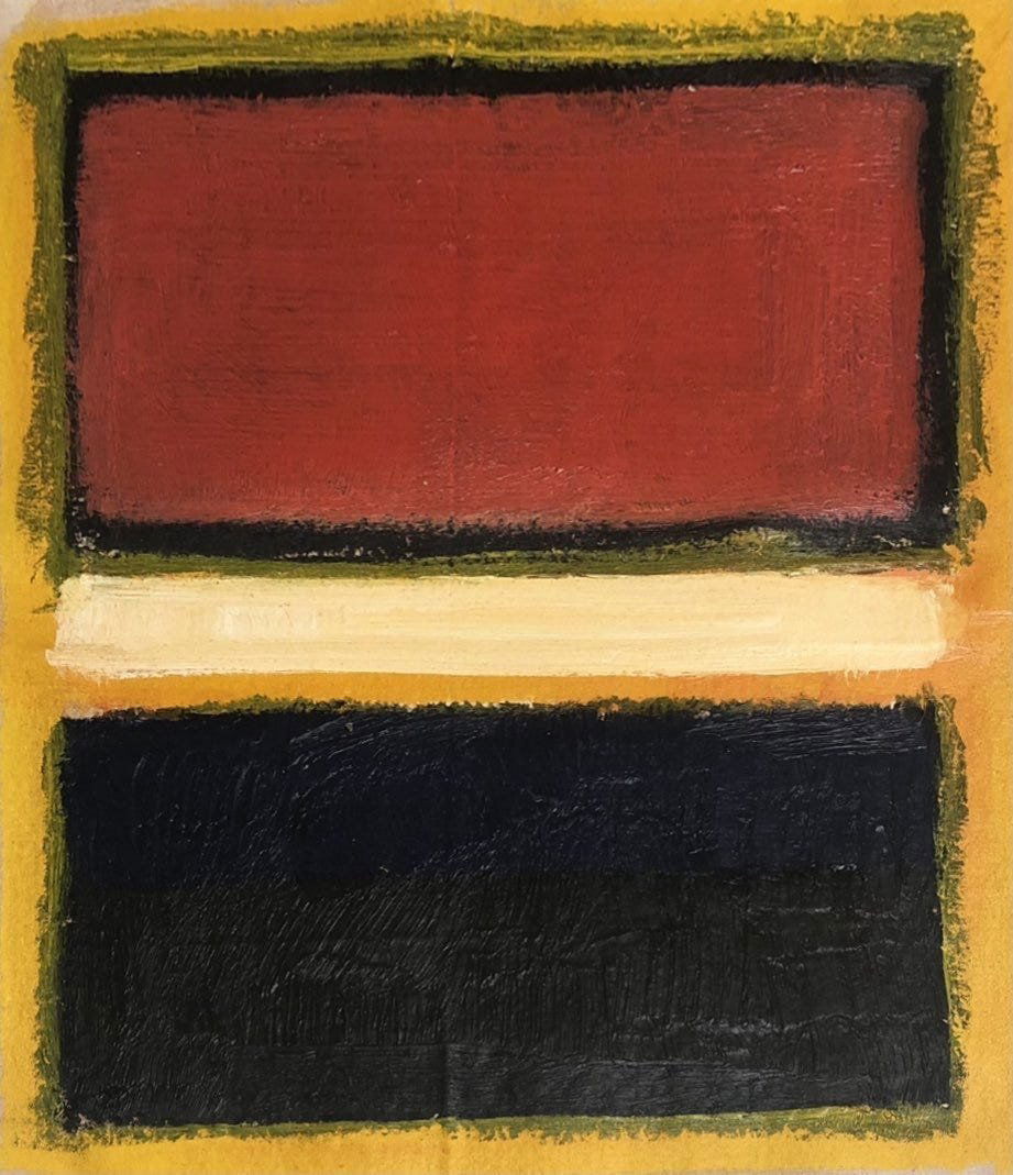 Mark Rothko American Abstract Expressionist Oil canvas: This work consists of a hand painted oil on canvas. Image depicts soft, rectangular forms floating on a stained field of color. This painting is done in the style of Mark Rothko(Russian American, 1844