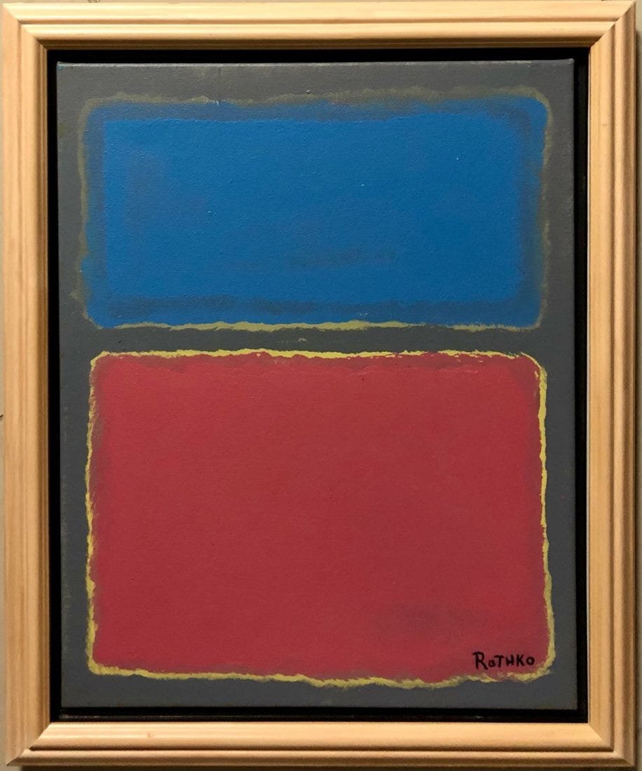 Mark Rothko American Abstract Expressionist Oil: This work consists of a hand painted oil on canvas. Image depicts soft, rectangular forms floating on a stained field of color. This painting is done in the style of Mark Rothko(Russian American, 1844