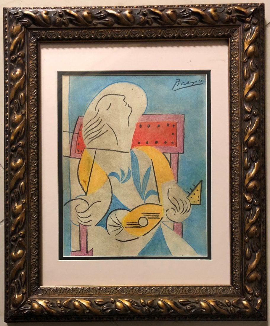 Pablo Picasso Drawing Painting Female Cubist Spanish: This lot consists of a hand painted mixed media on paper in the style of Pablo Picasso. The illustration depicts a figure of a women in the famous cubism period. Pablo Picasso (25 October 1881-8 April