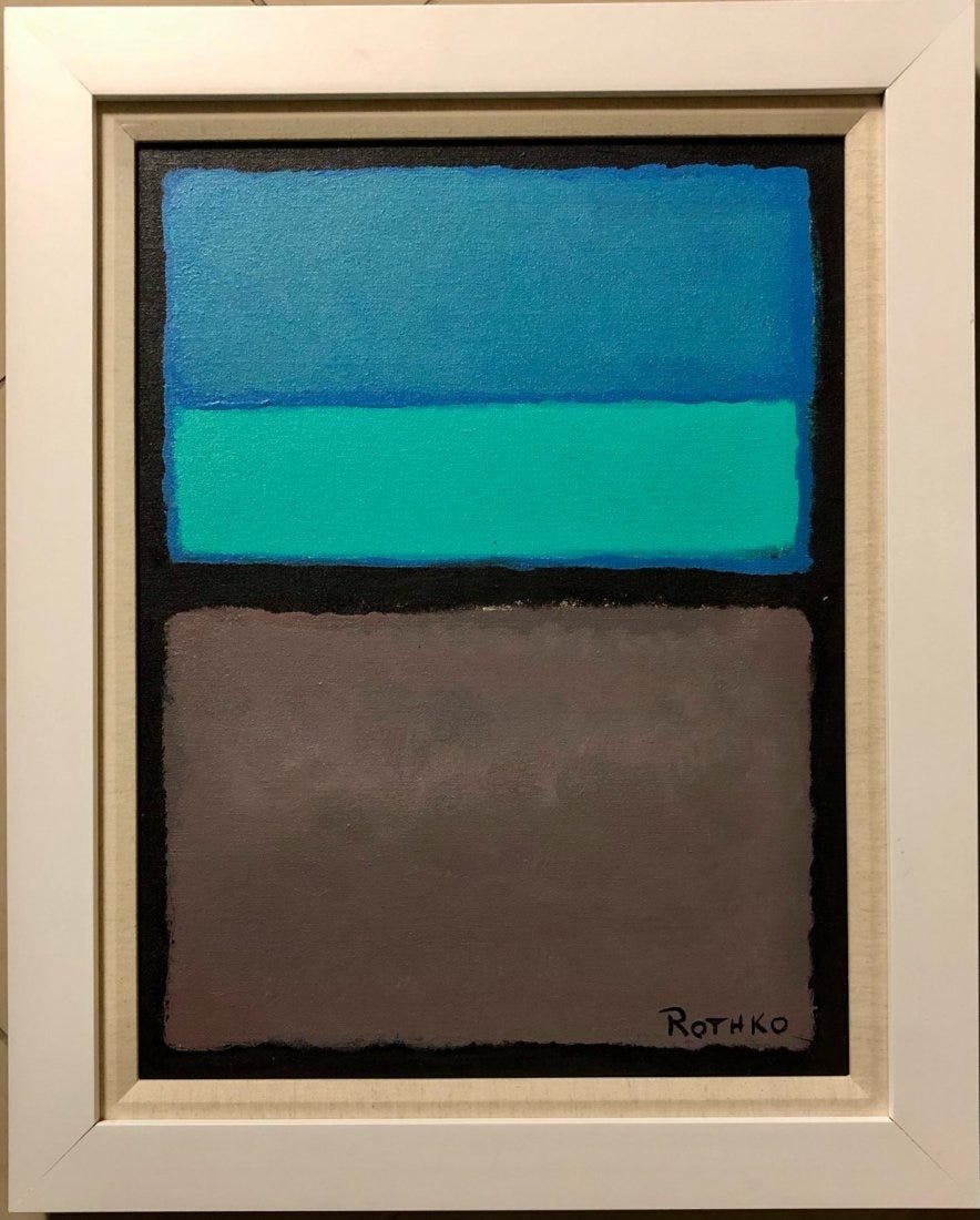 Mark Rothko American Abstract Expressionist Oil canvas: This work consists of a hand painted oil on canvas. Image depicts soft, rectangular forms floating on a stained field of color. This painting is done in the style of Mark Rothko(Russian American, 1844