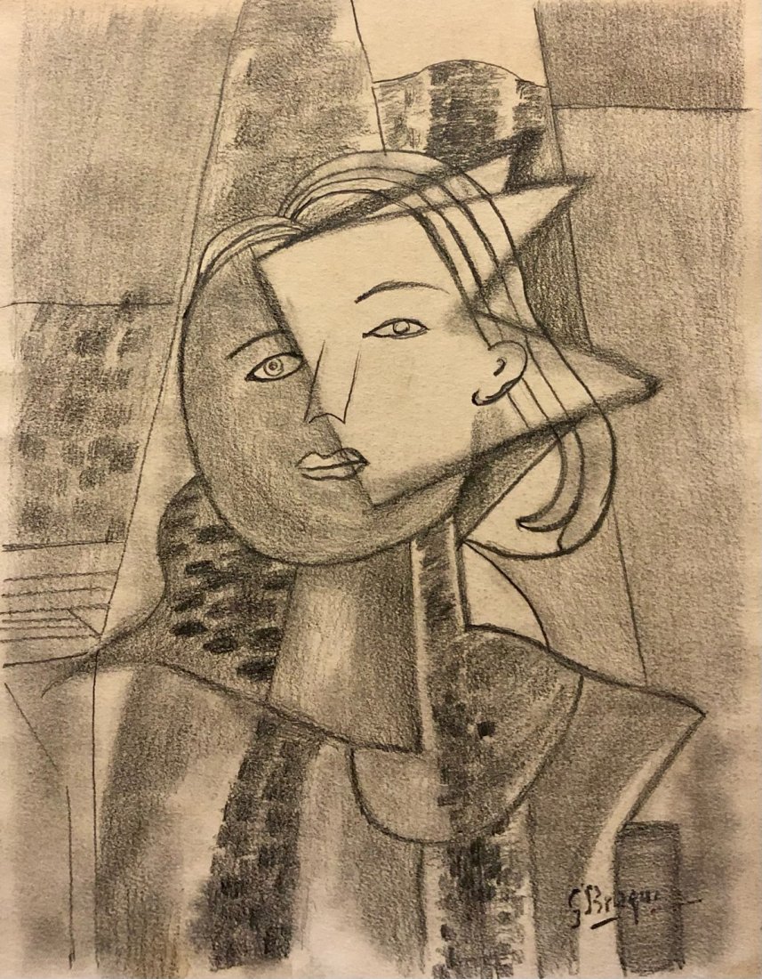 George Braque Drawing Cubism French Painter Female Wome: This lot consists of a hand drawn graphite on hard paper in the style of George Braque. The illustration depicts a figure of a women in the famous cubism period.Georges Braque ; 13 May 1882 - 31 Augus