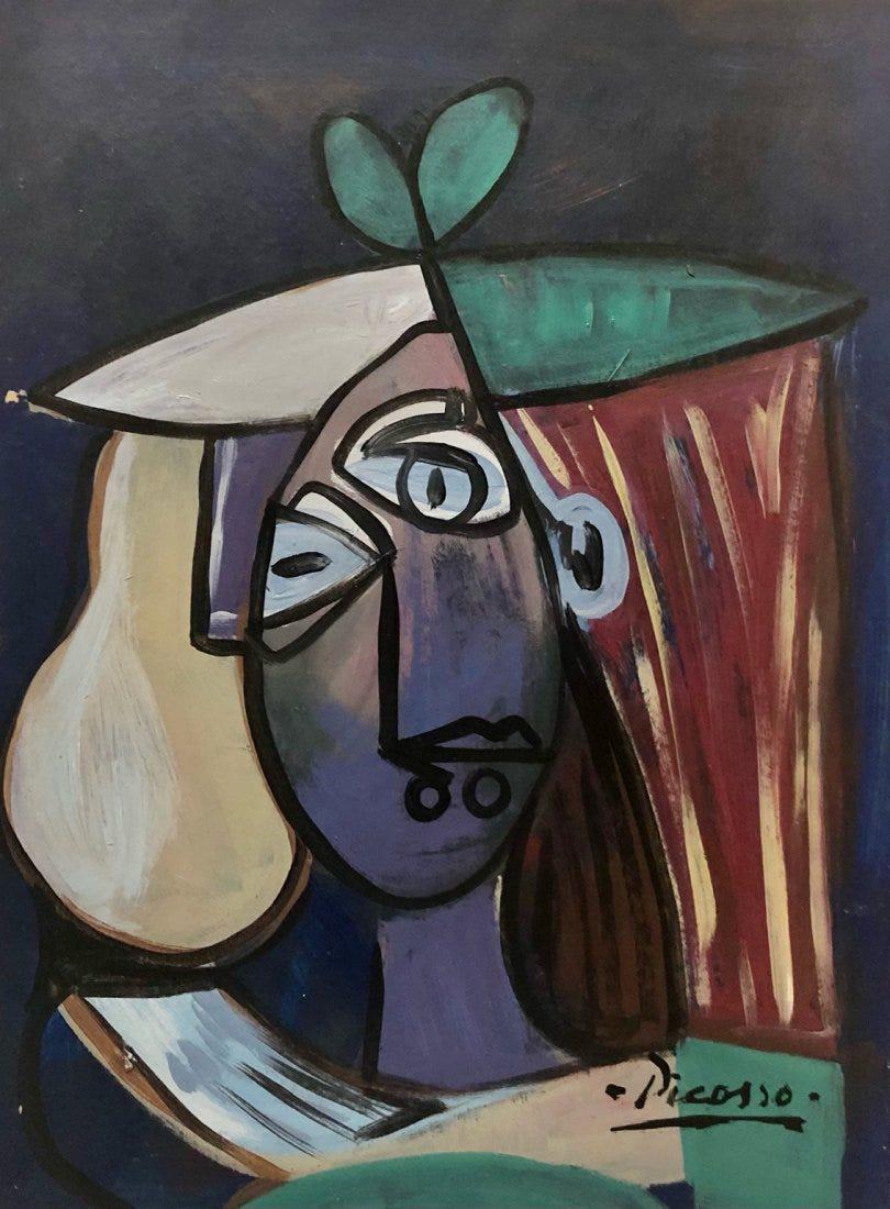 Pablo Picasso Cubist Spanish Female Women hand painted: This lot consists of a hand painted oil on hard cardboard in the style of Pablo Picasso. The illustration depicts a female portrait in the famous cubism period. Pablo Picasso (25 October 1881-8 April 