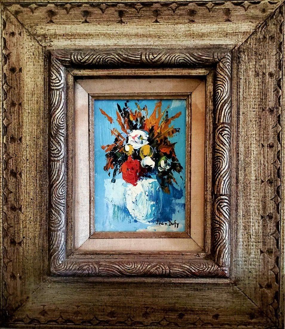 Jean Dufy Oil on Masonite French Still life Flowers: This lot consists of a hand painted oil on masonite in the style of Jean Dufy (March 12, 1888 May 12, 1964) was a French painter of Parisian society, country scenes,[1] circuses, horse races, stages, 