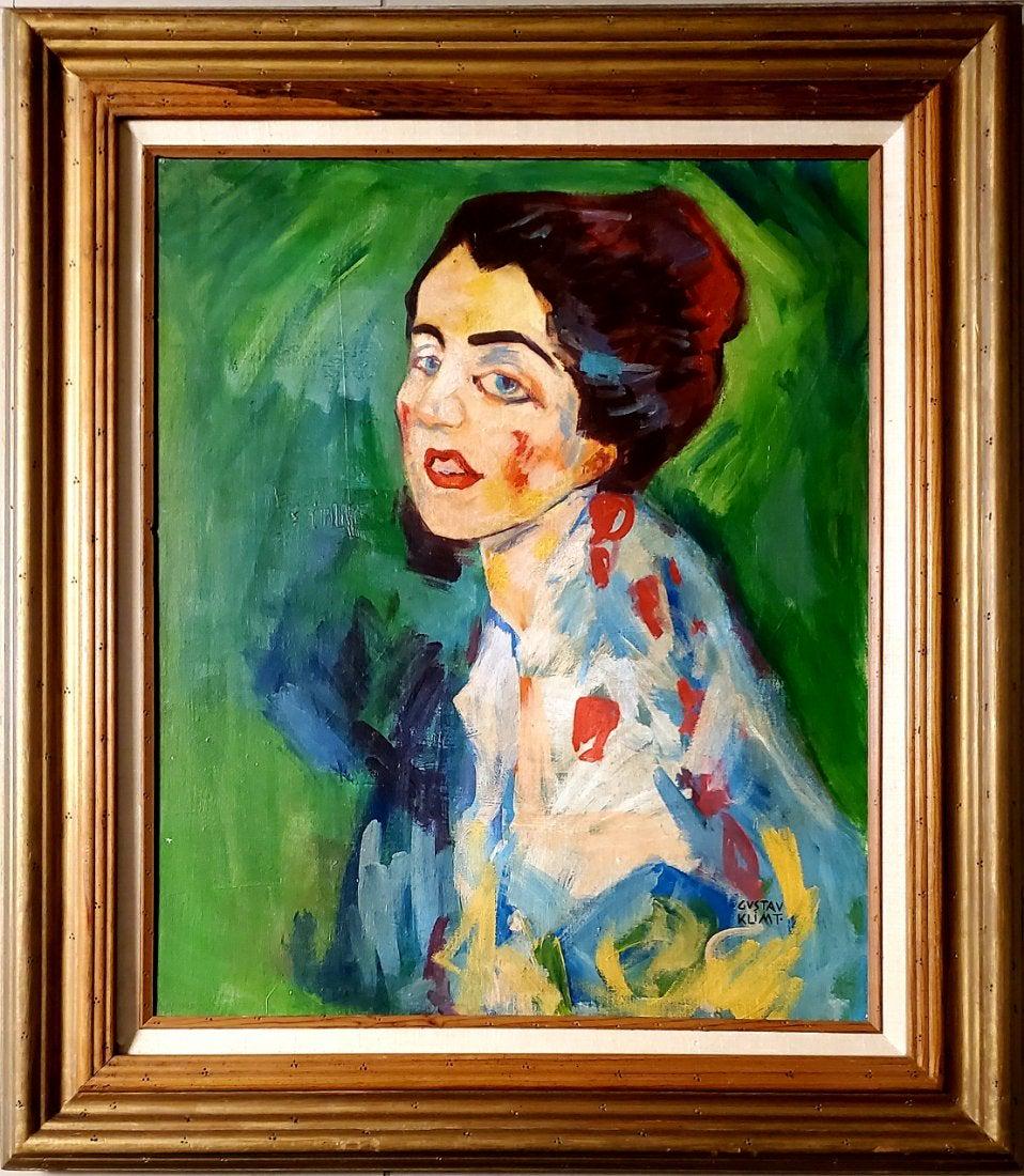 Gustav Klimt Portrait Women Female Oil Canvas Female: This lot consists of a hand-painted oil on canvas in the style of Gustav Klimt.It depicts a beautiful portrait of a women .Gustav Klimt(Austrian. 1862-1918) was an Austrian symbolist painter and one o