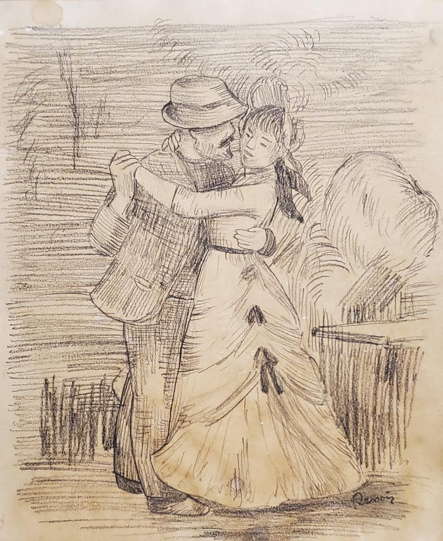 Pierre Auguste Renoir Impressionist French Dance Couple: This lot consists of a Impressionist drawing graphite on hard paperr. The lot depicts an impressionist painting in the style of/school of Pierre Auguste Renoir. An innovative artist, Pierre-Auguste Re