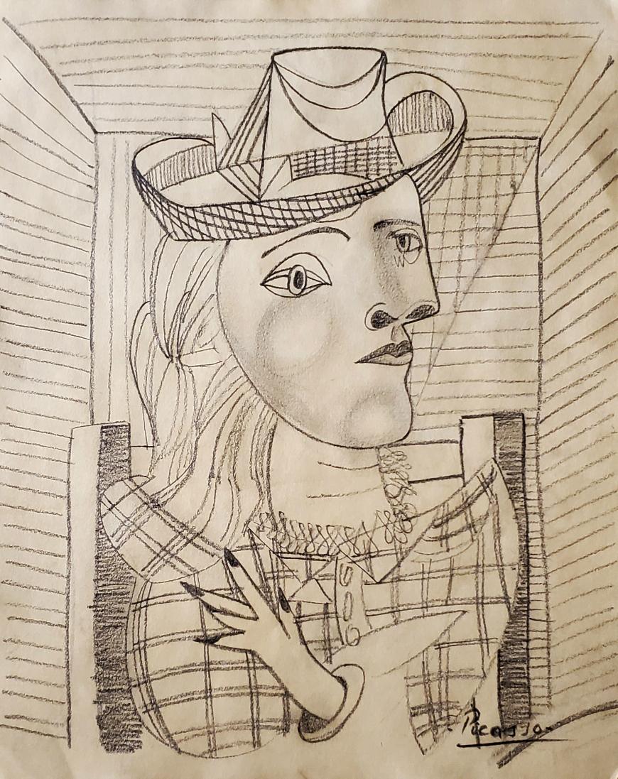 Pablo Picasso Drawing Spanish Cubist Female Graphite (1 of 1)