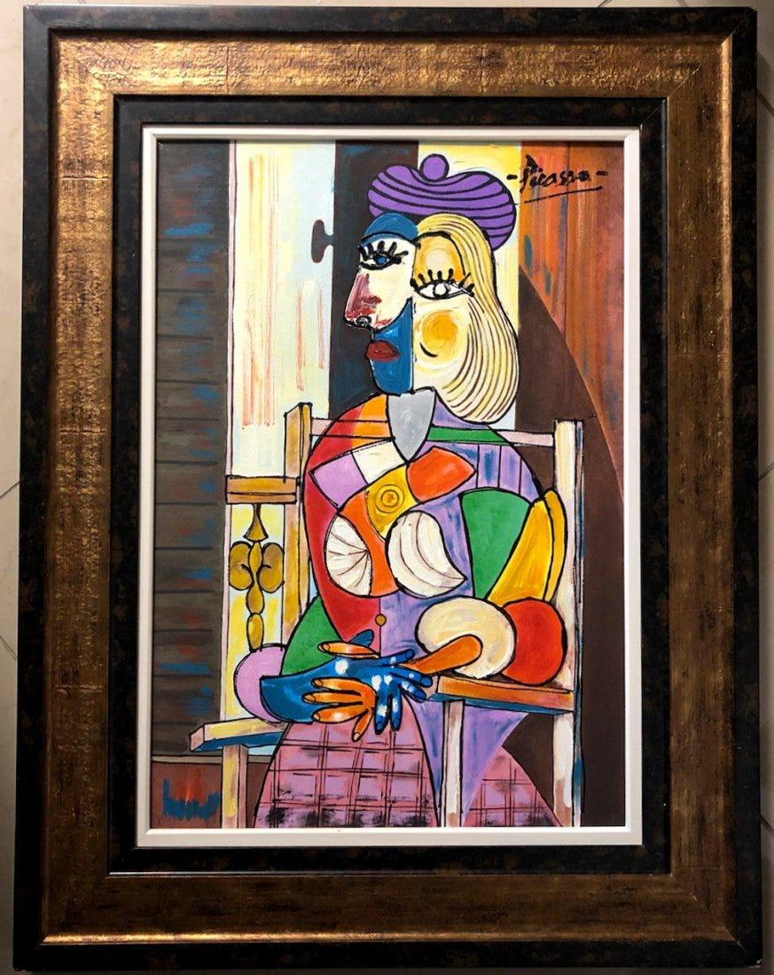 Pablo Picasso Spanish Cubism Oil on Canvas Abstract: This lot consists of a hand painted oil on canvas in the style of Pablo Picasso. The illustration depicts a figure of a women in the famous cubism period. Pablo Picasso (25 October 1881-8 April 1973)