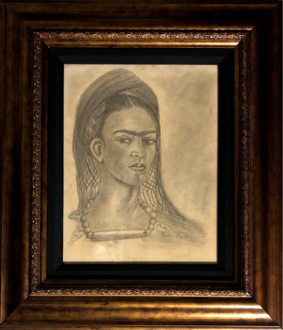 Frida Kahlo Self Portrait Mexican Drawing Naive Folk (1 of 2)