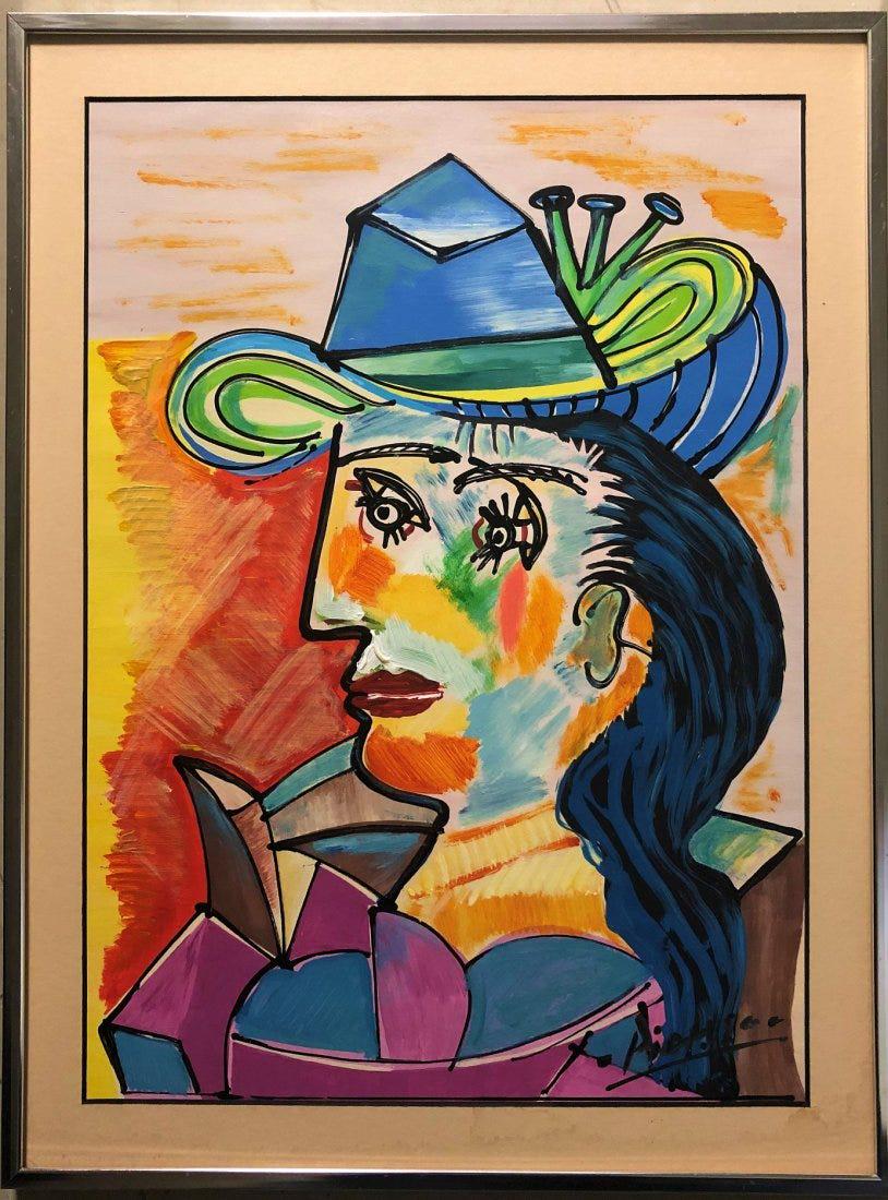 Pablo Picasso Cubism Cubist Spanish Female Oil Painting: This lot consists of a hand painted mixed media on cardboard in the style of Pablo Picasso. The illustration depicts a figure of a women in the famous cubism period. Pablo Picasso (25 October 1881-8 A