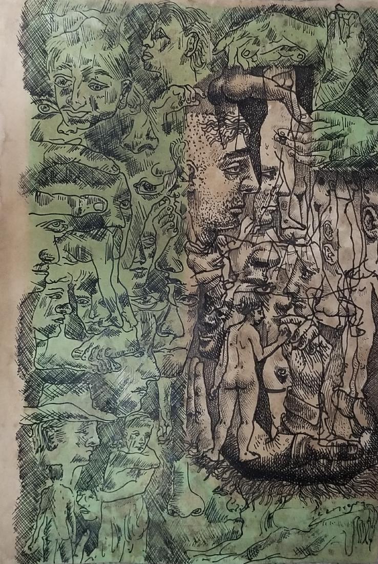 Pablo Picasso Drawing Female Male Cubism Drawing: This lot consists of a hand drawn Mixed media on paper in the style of Pablo Picasso. The illustration depicts a over 20 figures of a women and males in the famous cubism period. Pablo Picasso (25 Oct