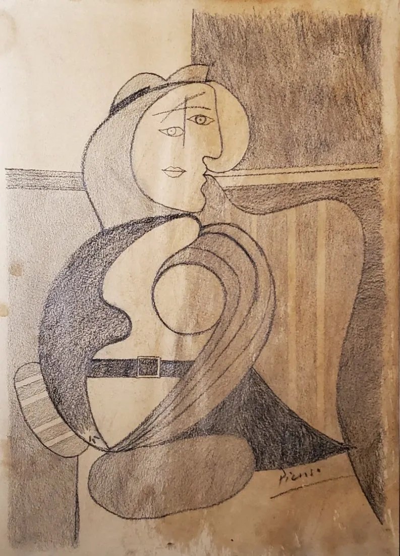 Pablo Picasso Drawing Graphite Cubist Cubism Spanish Women Female: This lot consists of a hand-drawn graphite on paper in the style of Pablo Picasso. The illustration depicts a female portrait in the famous cubism period. Pablo Picasso (25 October 1881-8 April 1973)