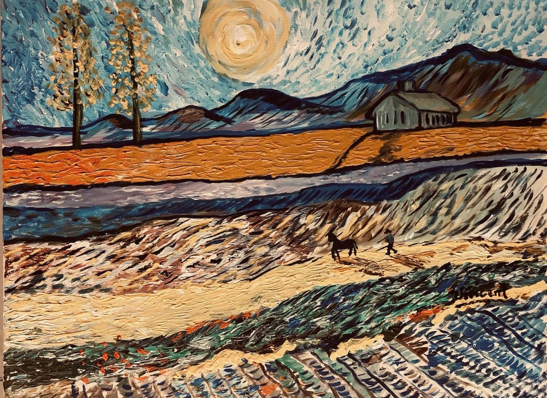 Vincent Van Gogh Dutch Impressionism Oil Canvas: This lot consists of a hand painted oil on canvas in the style of Vincent Van Gogh (Dutch, 1853-1980). Vincent Willem van Gogh was a Dutch Post-Impressionist painter who is among the most famous and i