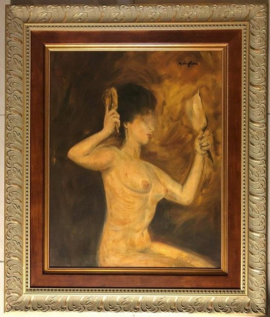 Amadeo Modigliani Women Female Mujer Nude Seated Female Oil Canvas: This lot consists of a hand painted oil on canvas in style of Amedeo Modigliani. The painting depicts a women seated nude in a amazing dark interior background. Amadeo Modigliani (July 1884 - 24 Janua