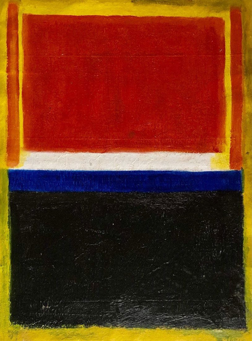 Mark Rothko Abstract Expressionism NY Oil Canvas: This work consists of a hand painted oil on canvas. Image depicts soft, rectangular forms floating on a stained field of color. This painting is done in the style of Mark Rothko(Russian American, 1844